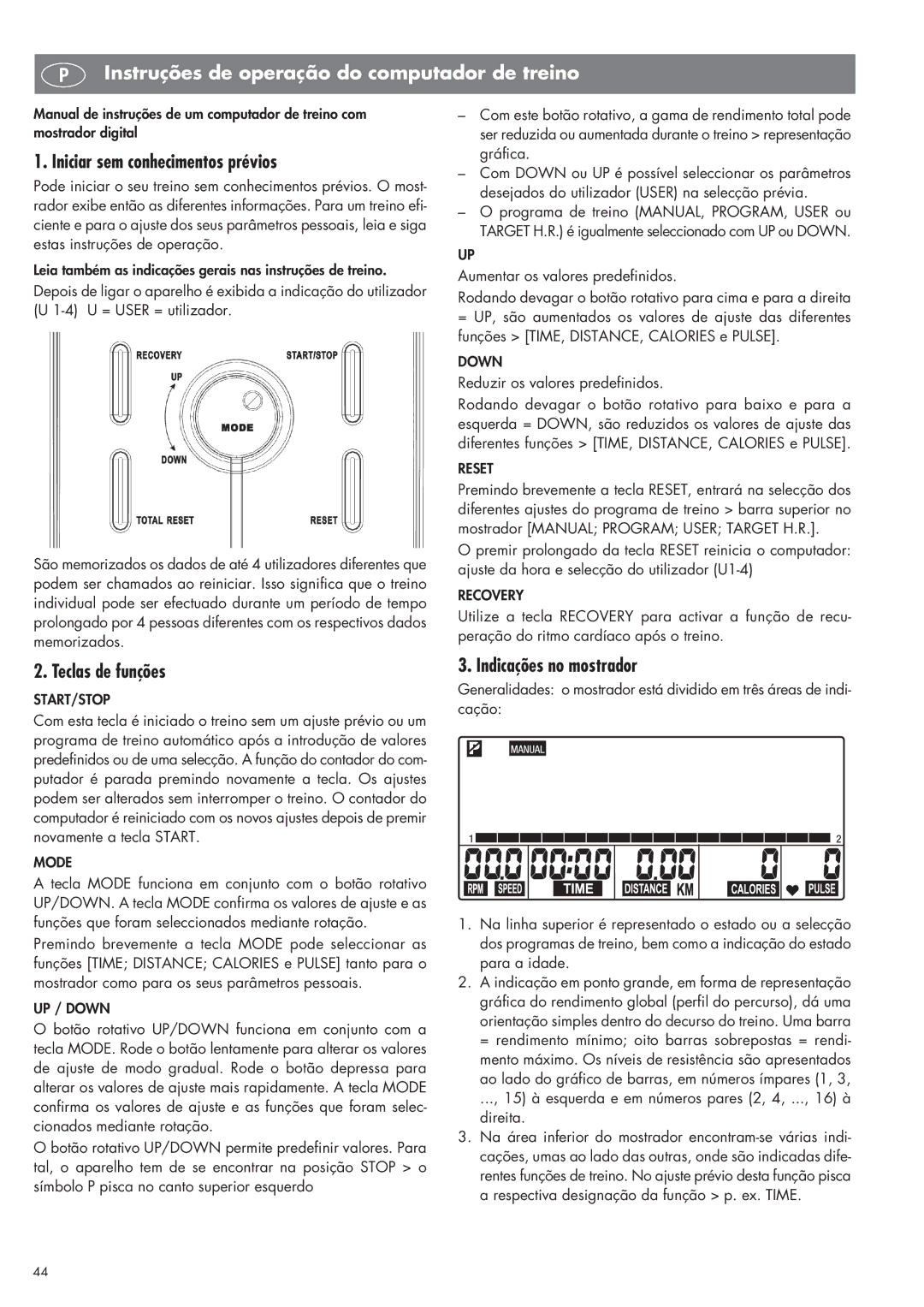 Kettler SM 2855 manual Instruções de operação do computador de treino, Iniciar sem conhecimentos prévios, Teclas de funções 