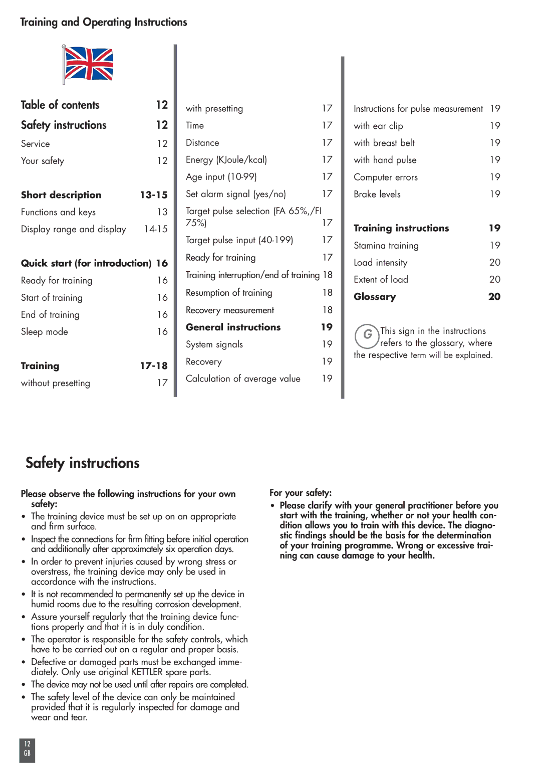 Kettler SM 33XX-68 operating instructions Safety instructions, Training 17-18 