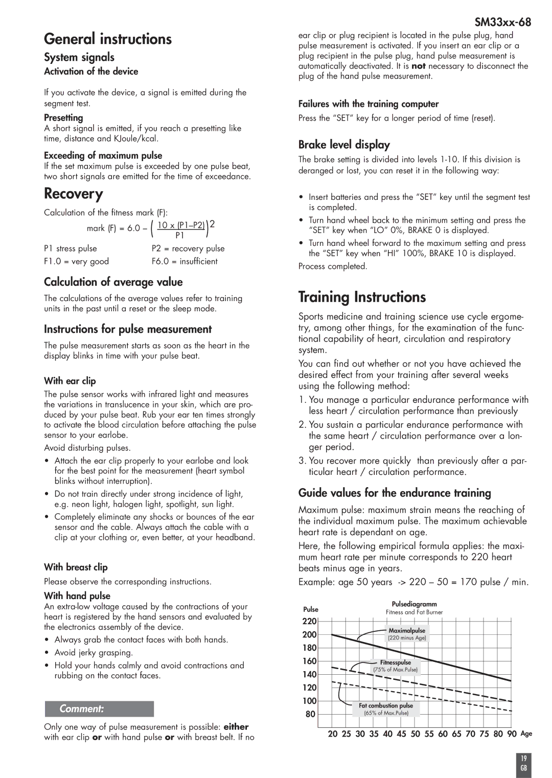 Kettler SM 33XX-68 operating instructions General instructions, Recovery, Training Instructions 