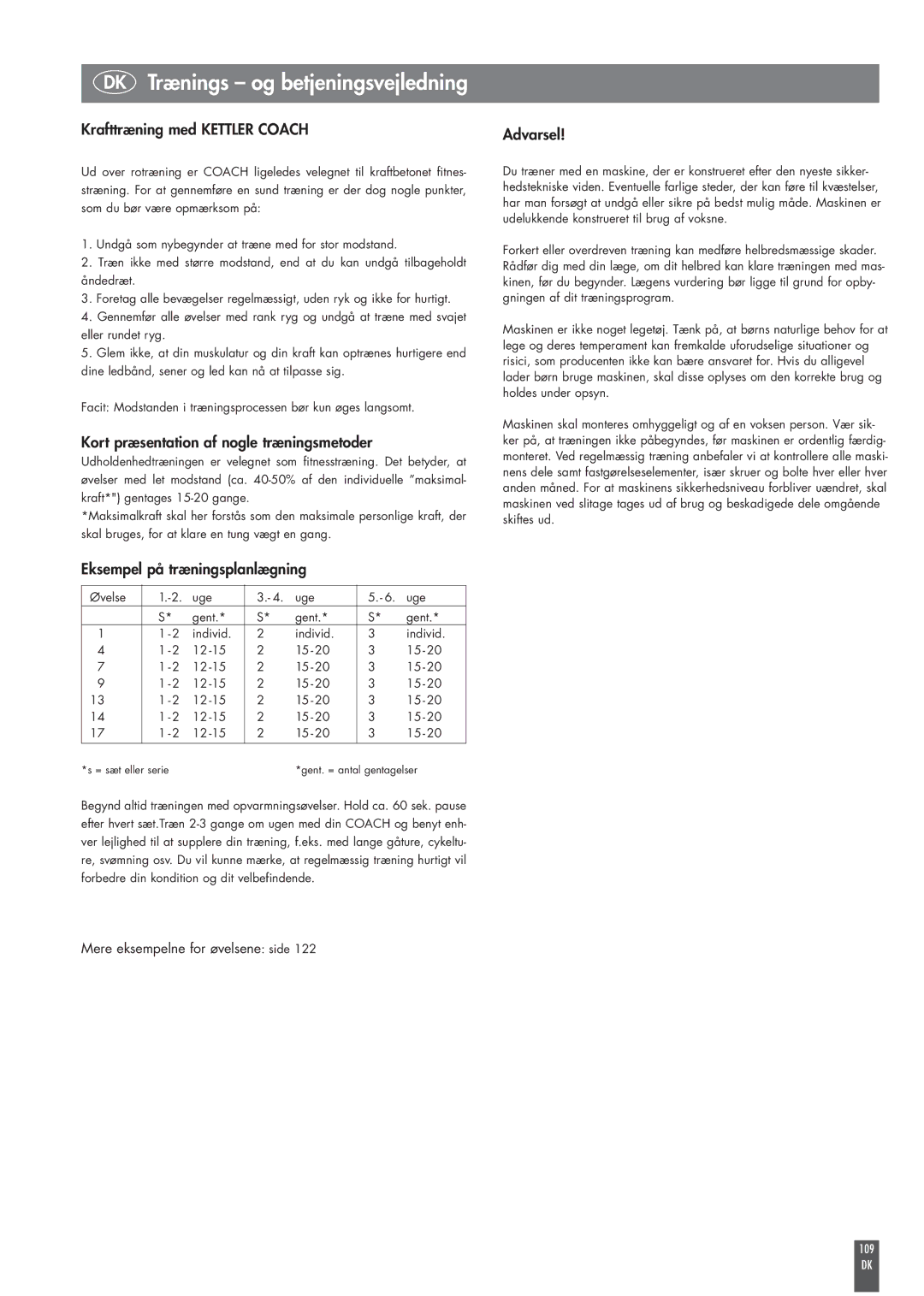Kettler ST2520-64 operating instructions Krafttræning med Kettler Coach, Kort præsentation af nogle træningsmetoder, 109 