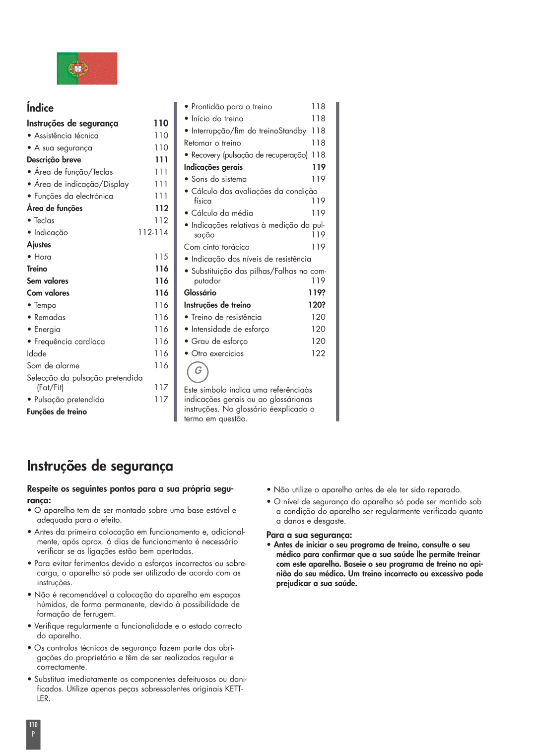 Kettler ST2520-64 Instruções de segurança 110, Respeite os seguintes pontos para a sua própria segu- rança 