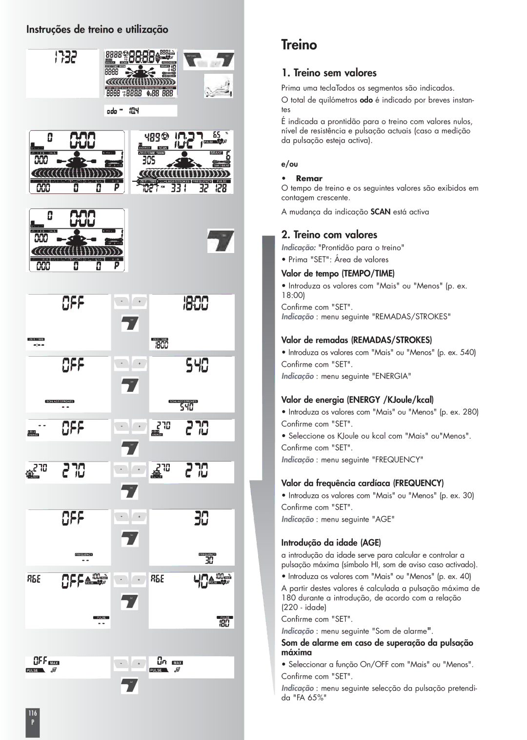 Kettler ST2520-64 operating instructions Treino sem valores, Treino com valores 