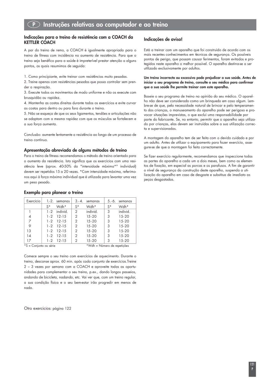 Kettler ST2520-64 Indicações para o treino de resistência com a Coach da, Indicações de aviso, Otro exercicios página 