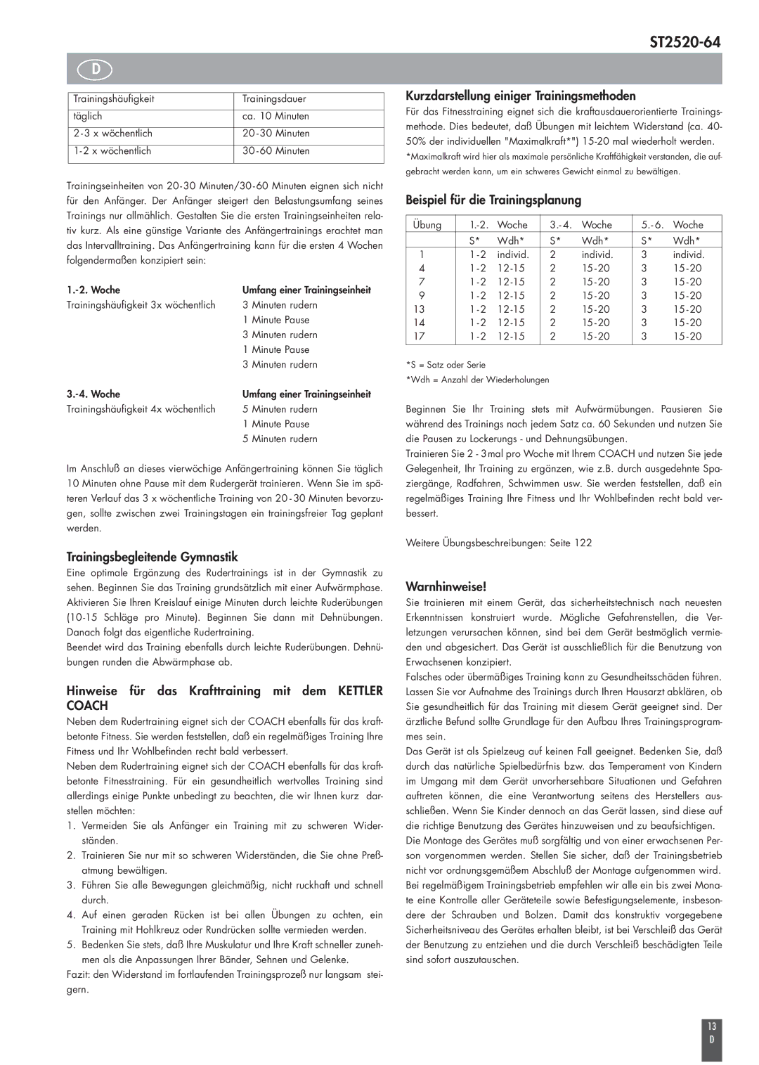 Kettler ST2520-64 Trainingsbegleitende Gymnastik, Hinweise für das Krafttraining mit dem Kettler Coach, Warnhinweise 