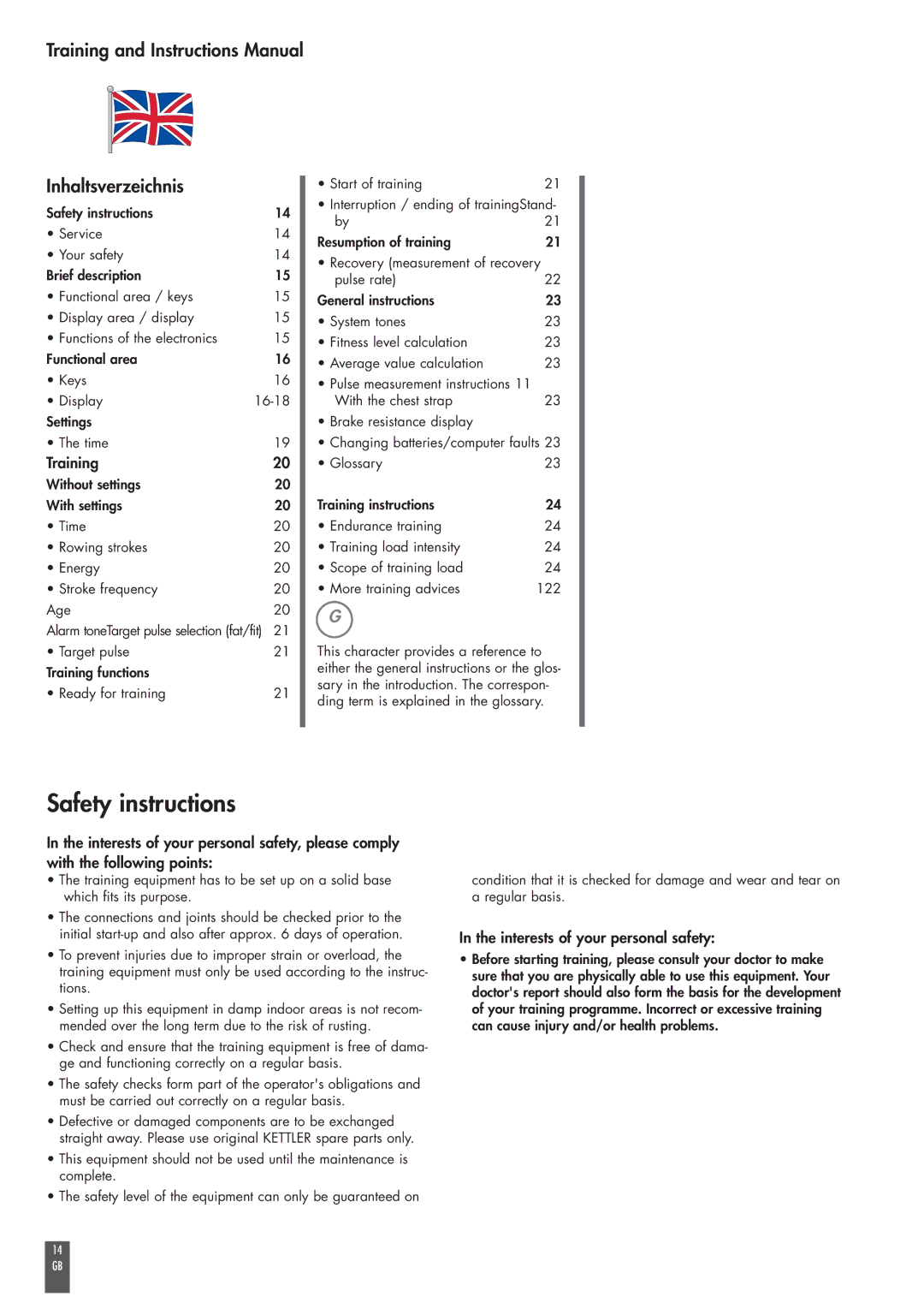 Kettler ST2520-64 operating instructions Safety instructions, Training and Instructions Manual Inhaltsverzeichnis 