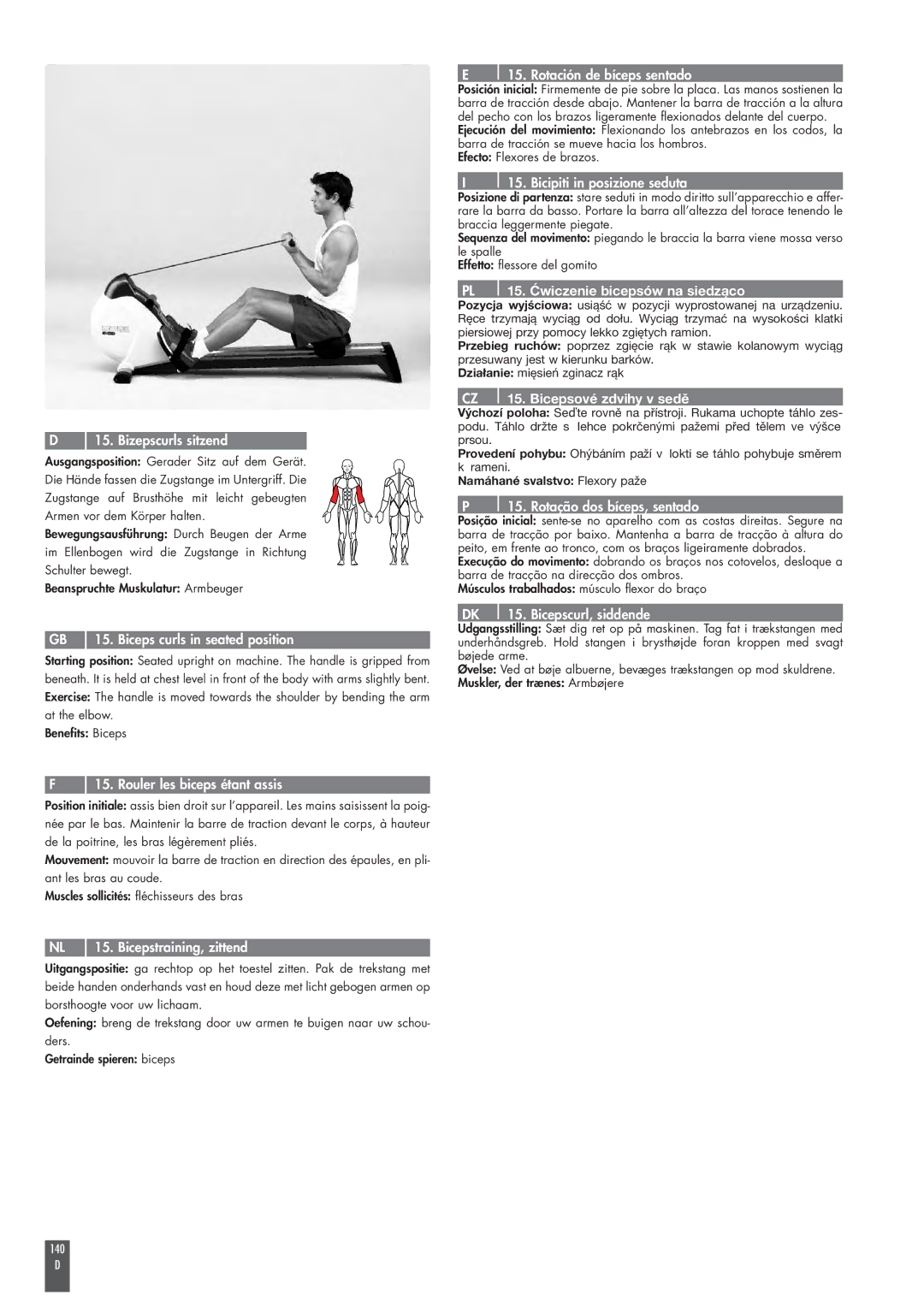 Kettler ST2520-64 operating instructions PL l 15. Ćwiczenie bicepsów na siedząco, CZ l 15. Bicepsové zdvihy v sedě 
