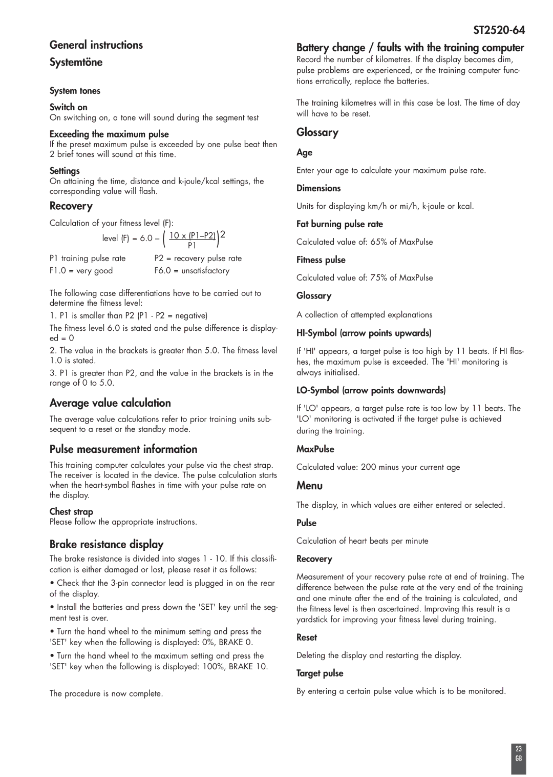 Kettler ST2520-64 General instructions Systemtöne, Average value calculation, Pulse measurement information, Glossary 