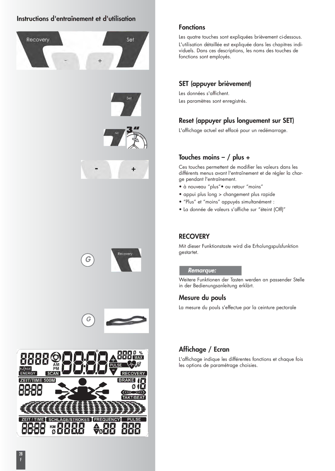 Kettler ST2520-64 Instructions dentraînement et dutilisation Fonctions, SET appuyer brièvement, Touches moins / plus + 