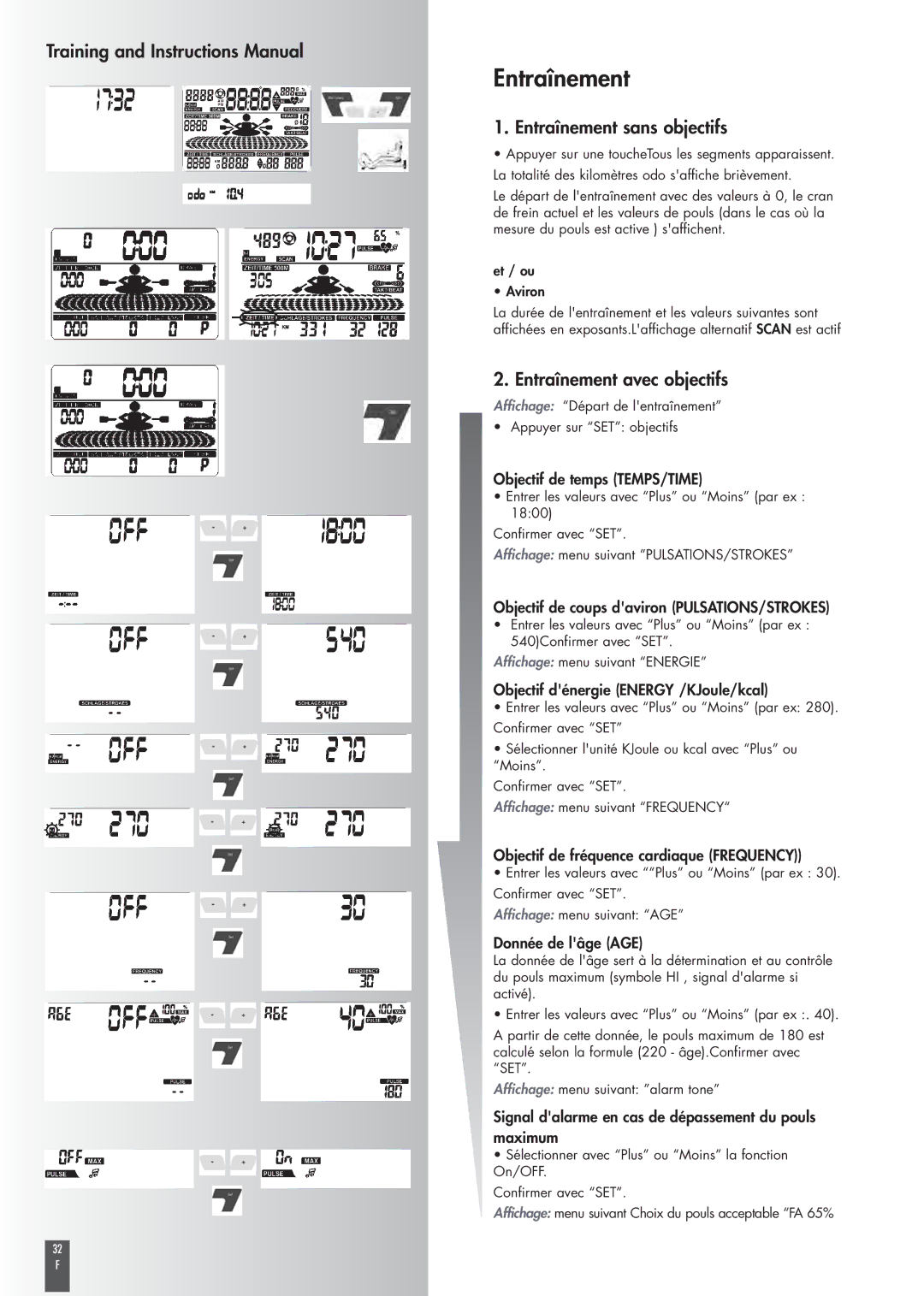 Kettler ST2520-64 operating instructions Entraînement sans objectifs, Entraînement avec objectifs 