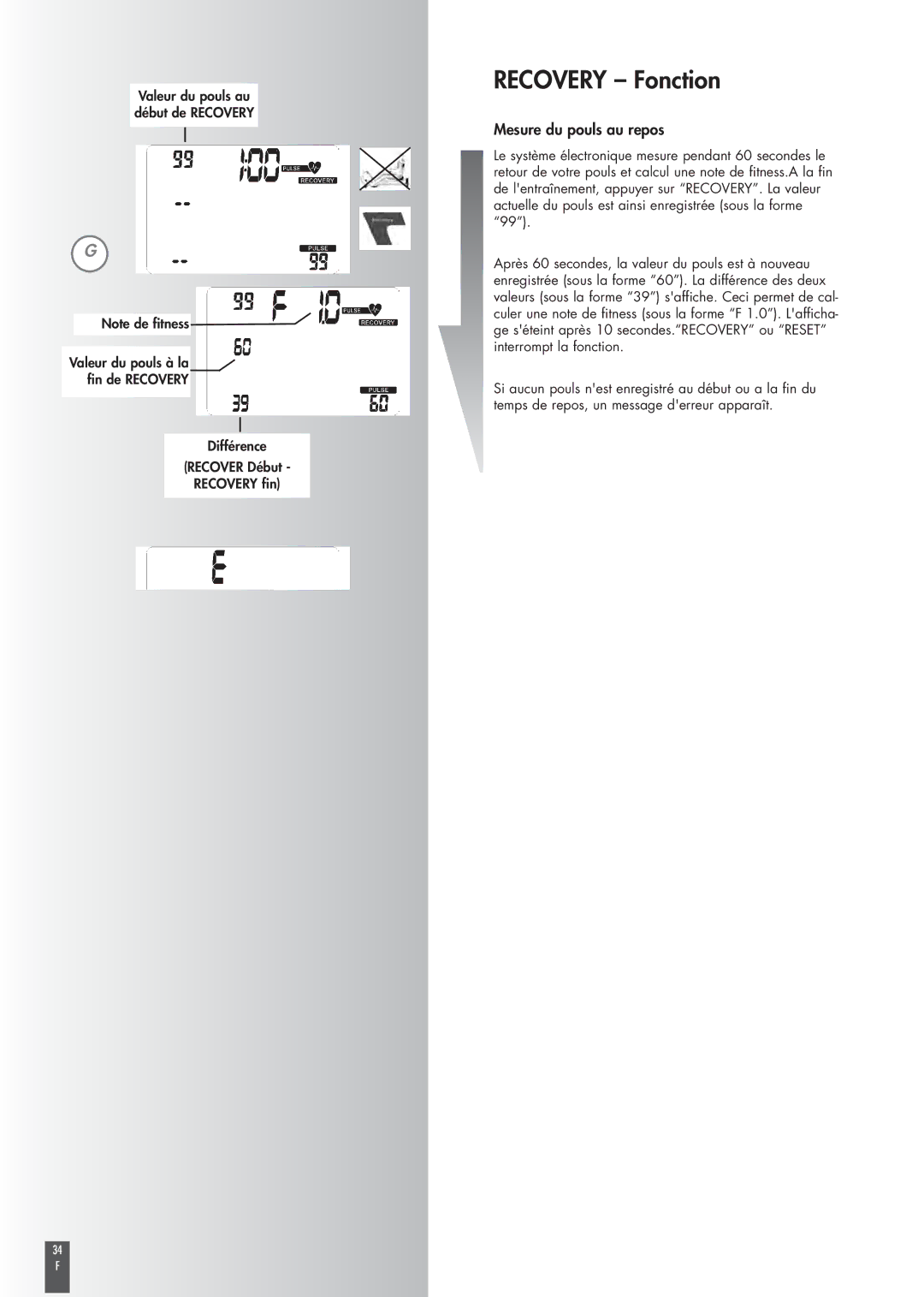 Kettler ST2520-64 operating instructions Recovery Fonction, Mesure du pouls au repos, Différence Recover Début Recovery fin 