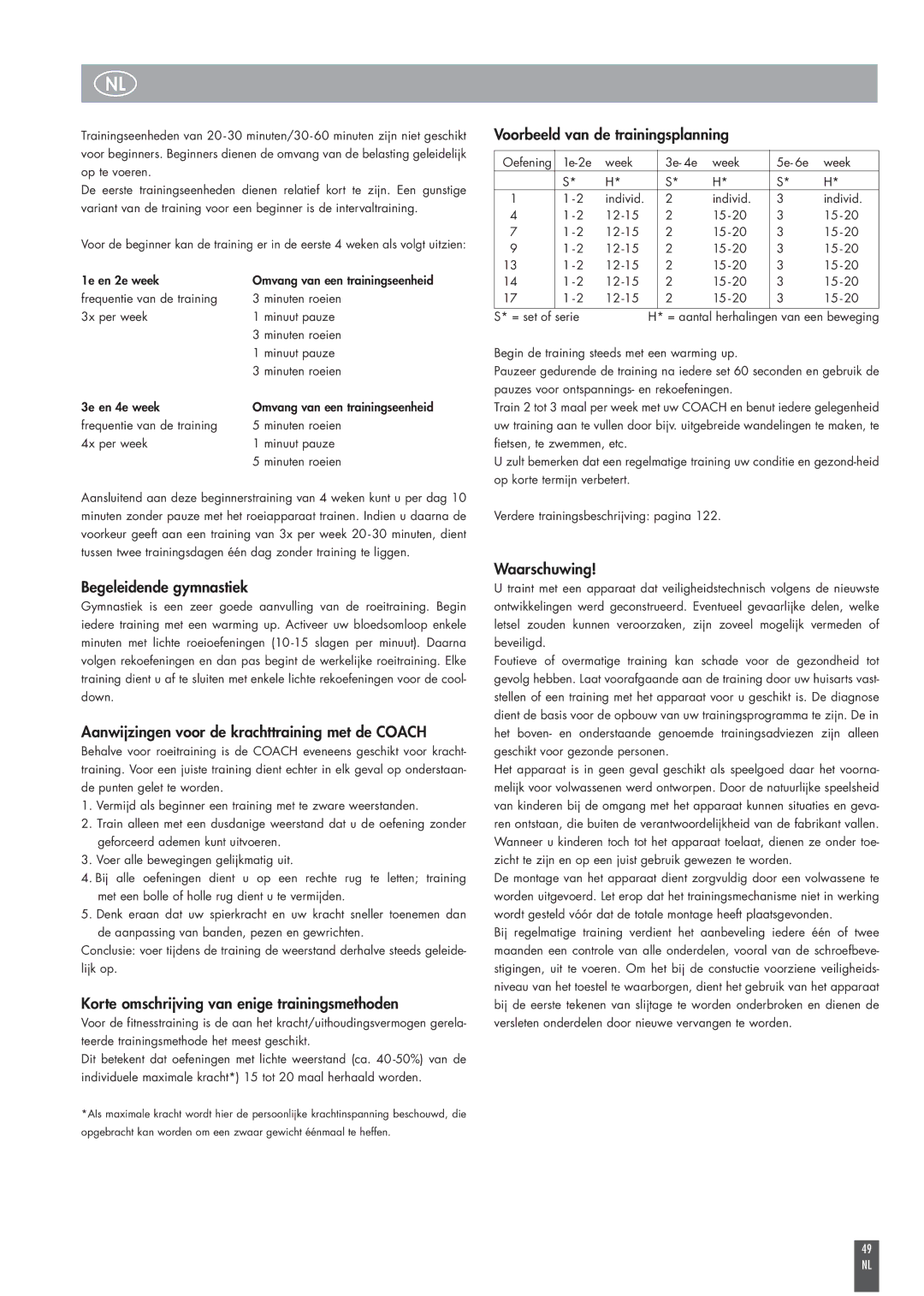 Kettler ST2520-64 Begeleidende gymnastiek, Aanwijzingen voor de krachttraining met de Coach, Waarschuwing 