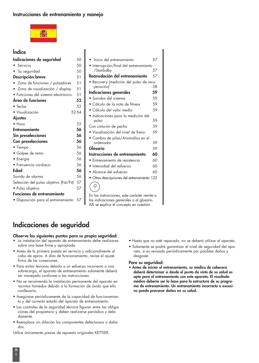 Kettler ST2520-64 operating instructions Indicaciones de seguridad, Instrucciones de entrenamiento y manejo Índice 