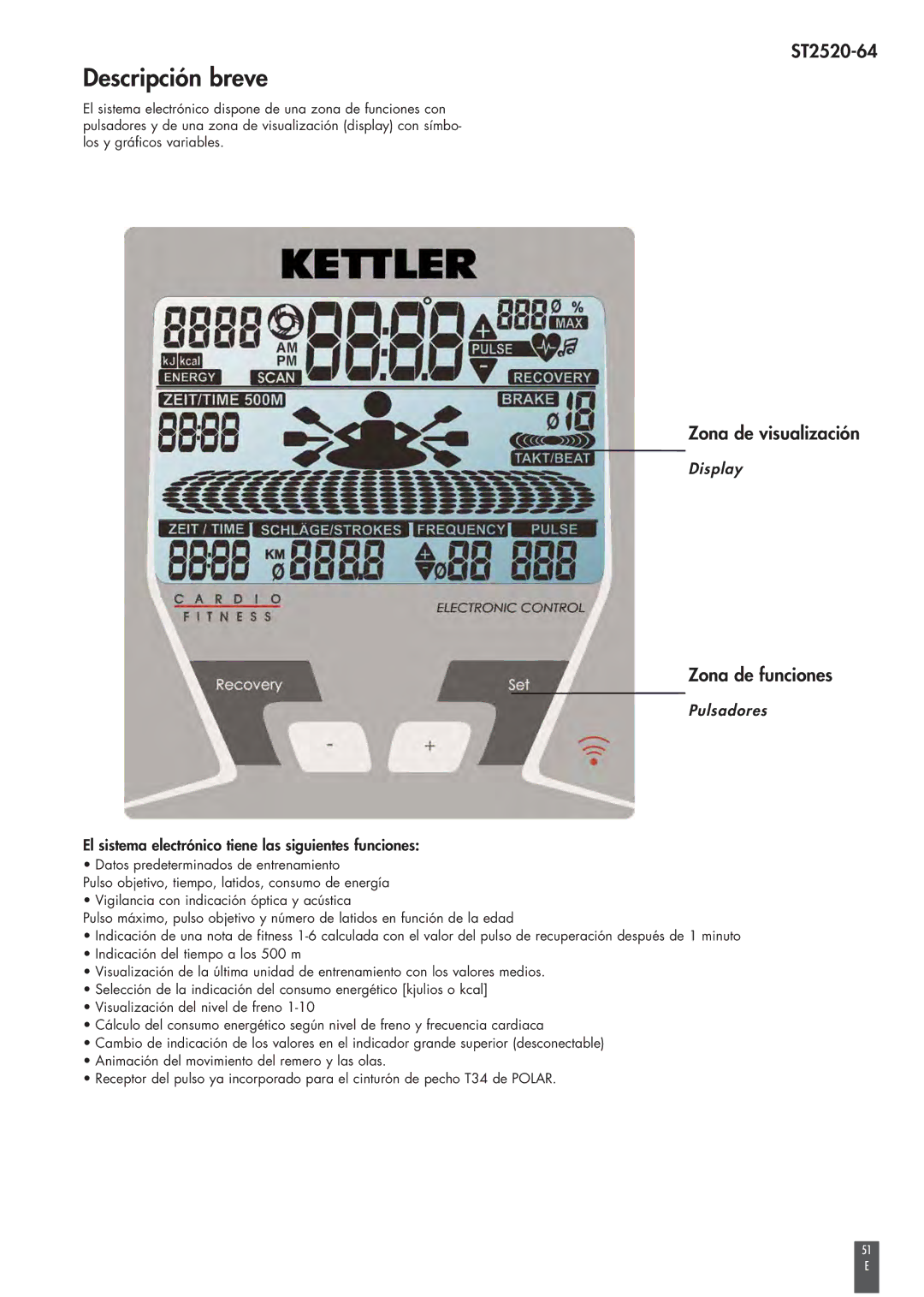 Kettler ST2520-64 operating instructions Descripción breve, Zona de visualización, Zona de funciones 