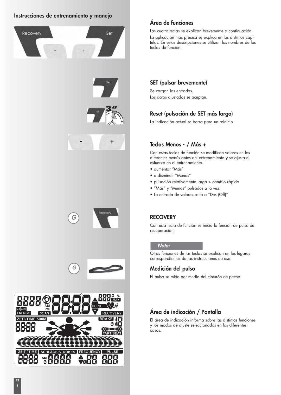 Kettler ST2520-64 Instrucciones de entrenamiento y manejo Área de funciones, SET pulsar brevemente, Teclas Menos / Más + 