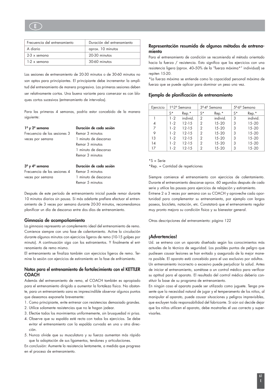 Kettler ST2520-64 Gimnasia de acompañamiento, Ejemplo de planificación de entrenamiento, ¡Advertencias 