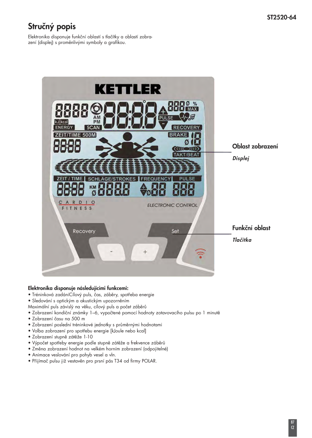 Kettler ST2520-64 Stručný popis, Oblast zobrazení, Funkční oblast, Elektronika disponuje následujícími funkcemi 