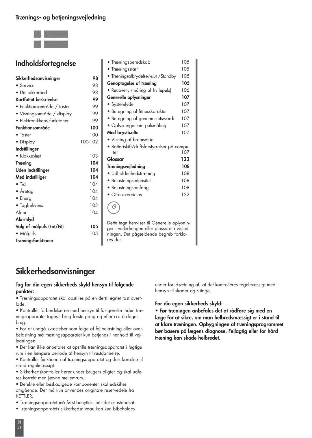 Kettler ST2520-64 operating instructions Sikkerhedsanvisninger, Trænings- og betjeningsvejledning, Glossar 122, 98 DK 