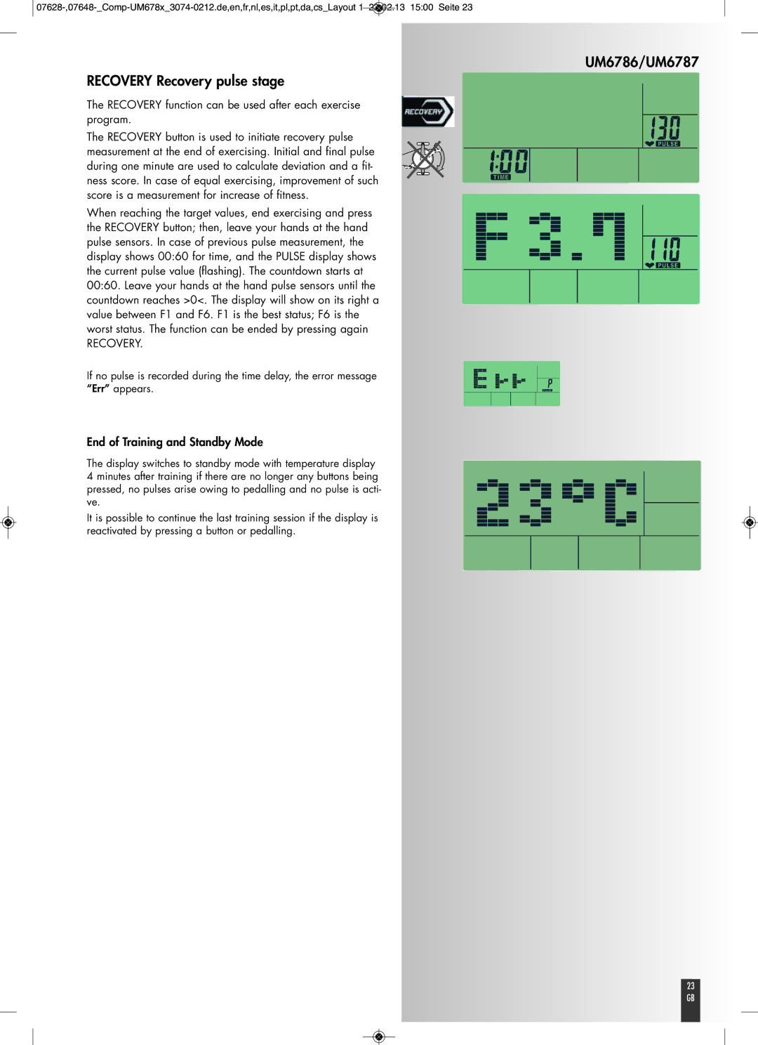 Kettler manual UM6786/UM6787 Recovery Recovery pulse stage, Recovery function can be used after each exercise program 