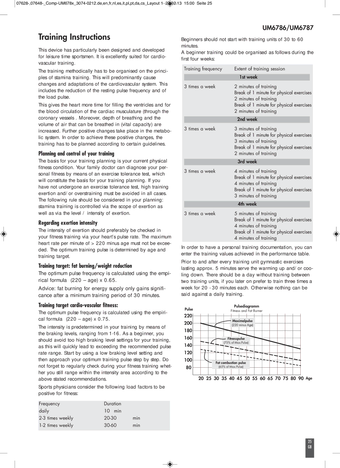 Kettler UM6787, UM6786 manual Training Instructions 