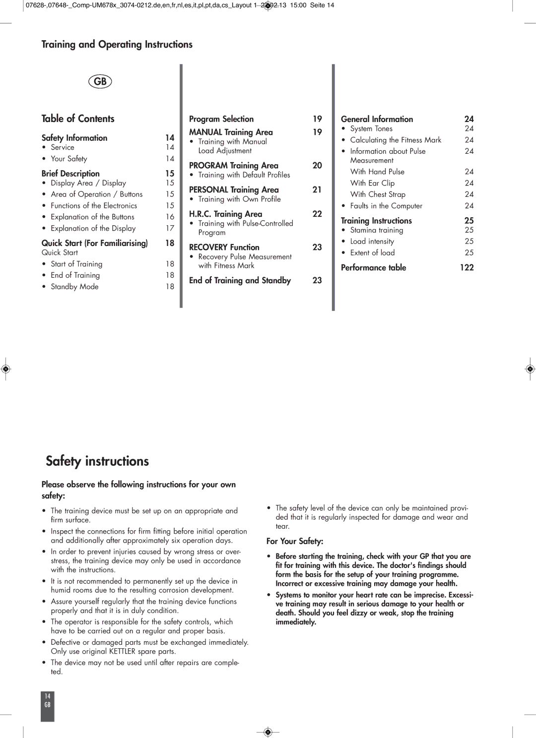 Kettler UM6786, UM6787 manual Safety instructions, Training and Operating Instructions Table of Contents 