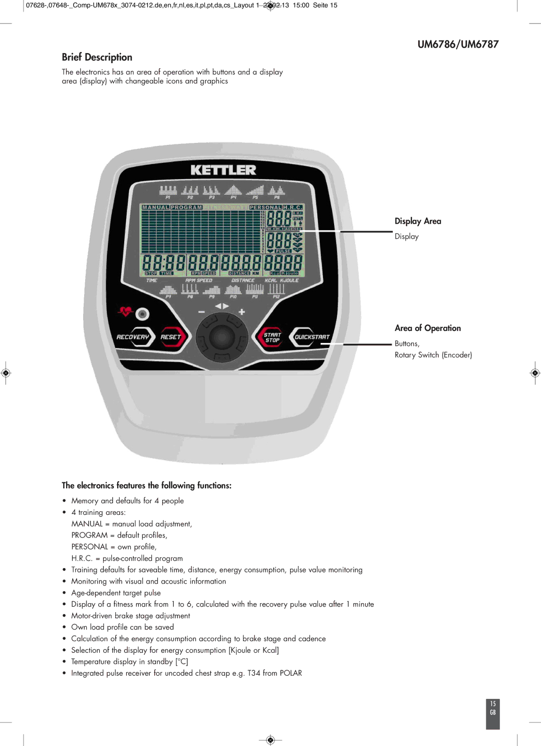 Kettler UM6786/UM6787 Brief Description, Display Area, Area of Operation, Electronics features the following functions 