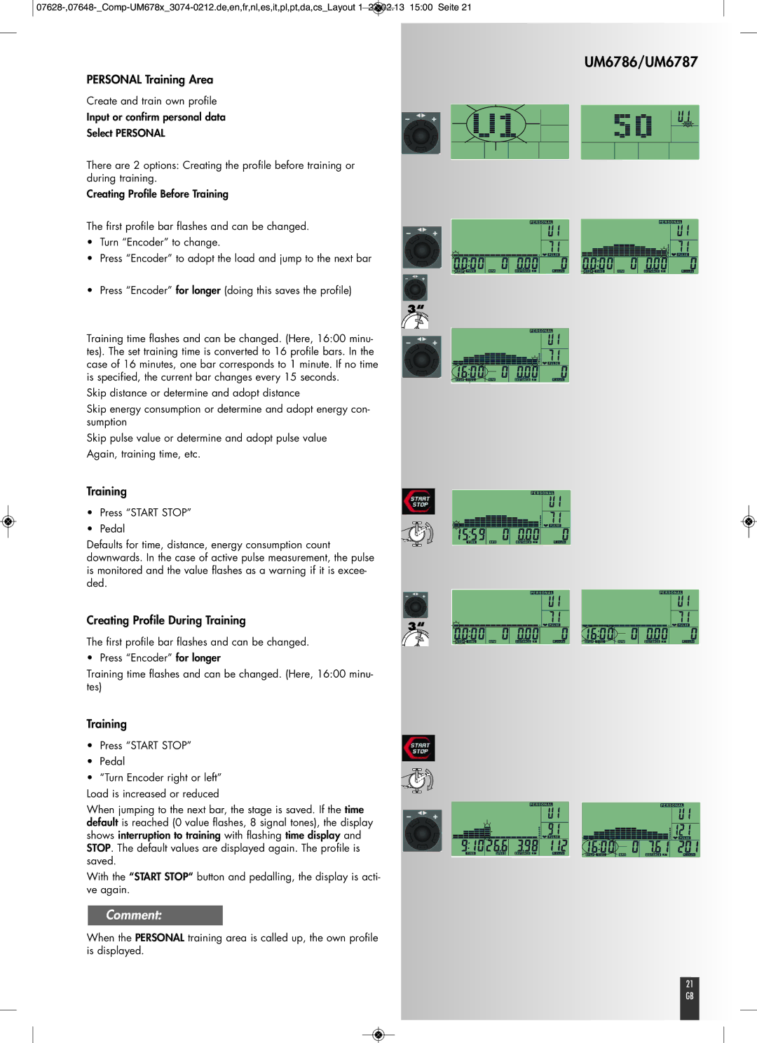 Kettler UM6787, UM6786 manual Personal Training Area, Creating Profile During Training 