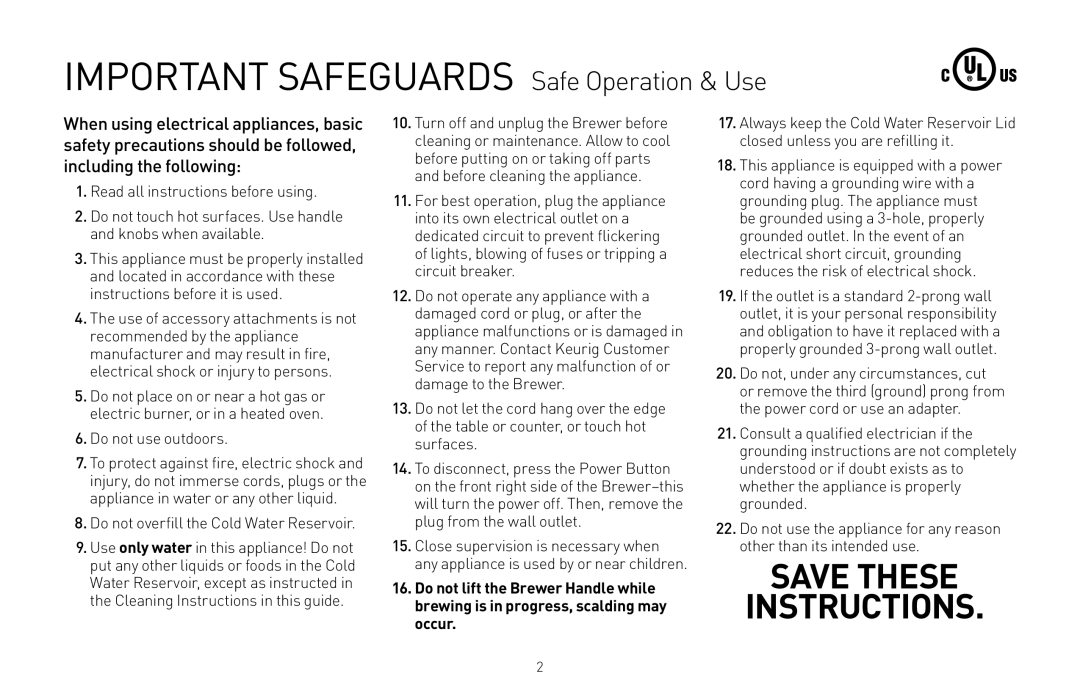 Keurig 20079, B31 owner manual Important Safeguards Safe Operation & Use 