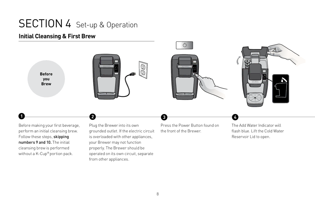 Keurig 20079, B31 owner manual Set-up & Operation, Initial Cleansing & First Brew 