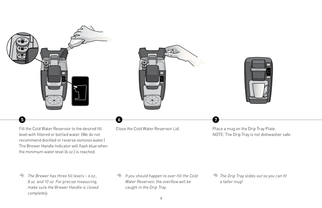 Keurig B31, 20079 owner manual Fill the Cold Water Reservoir to the desired fill 