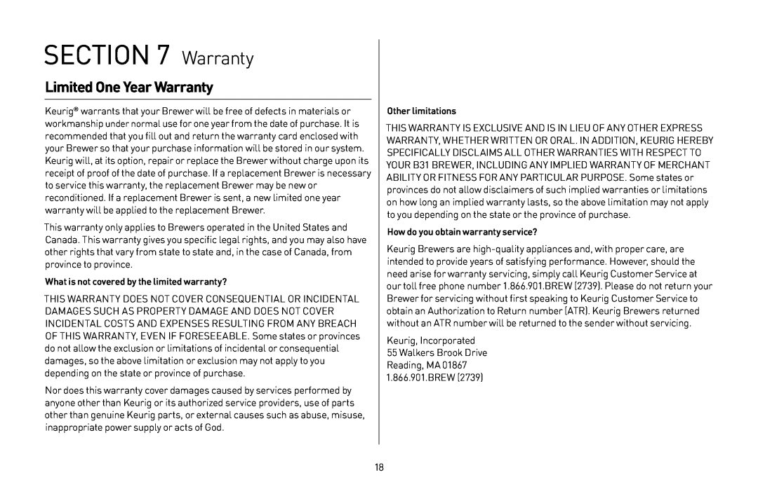 Keurig 20079, B31 owner manual Limited One Year Warranty 