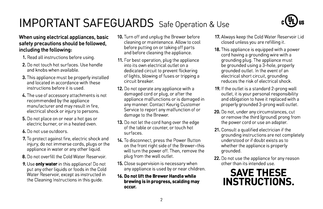 Keurig 20079, B31 owner manual Important Safeguards Safe Operation & Use, Save These Instructions 