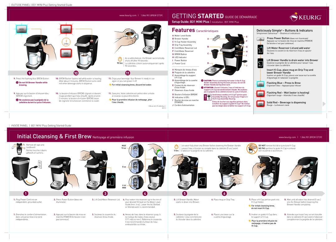 Keurig 60-201173-000 setup guide Outside Panel B31 Mini Plus Getting Started Guide, Lift Water Reservoir Lid and add water 