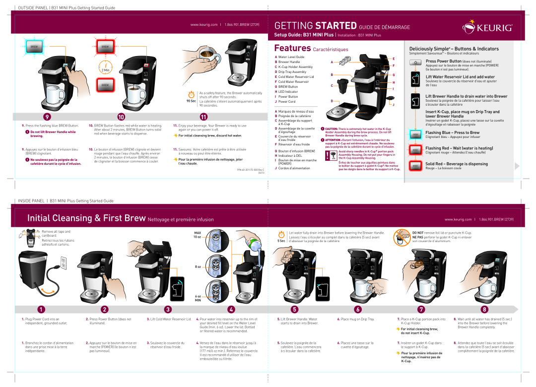 Keurig 60-201173-000 setup guide Initial Cleansing & First Brew Nettoyage et première infusion, Features Caractéristiques 