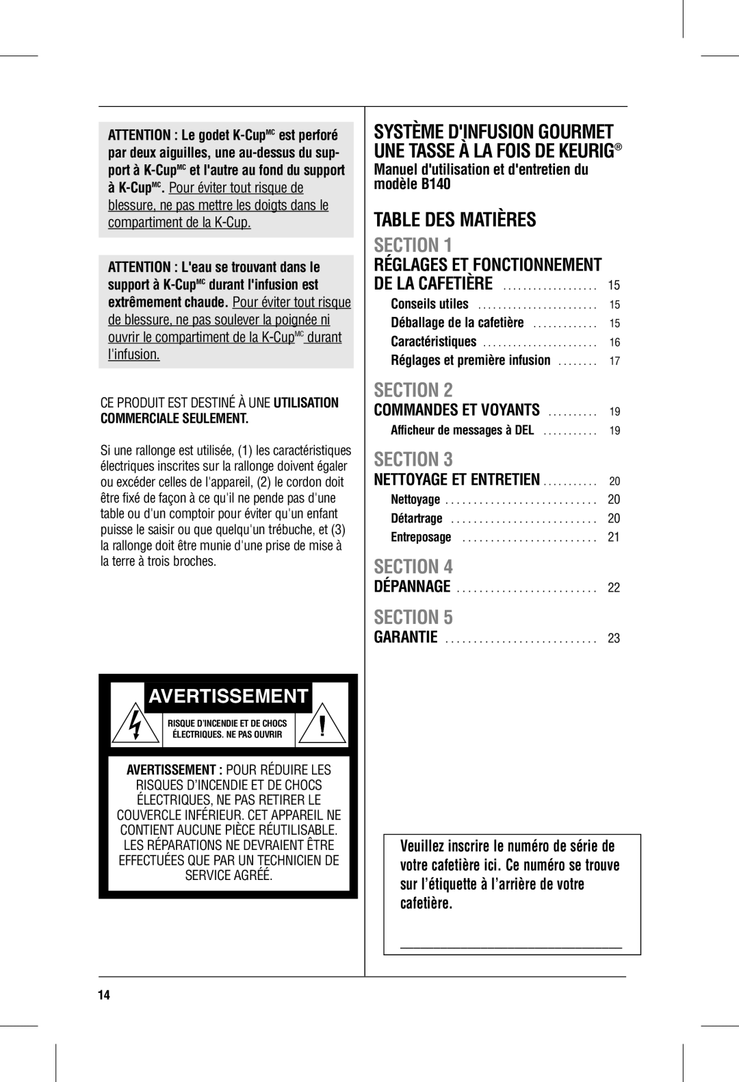 Keurig B140 Avertissement, Table Des Matières, Réglages Et Fonctionnement, Commandes Et Voyants, Commerciale Seulement 