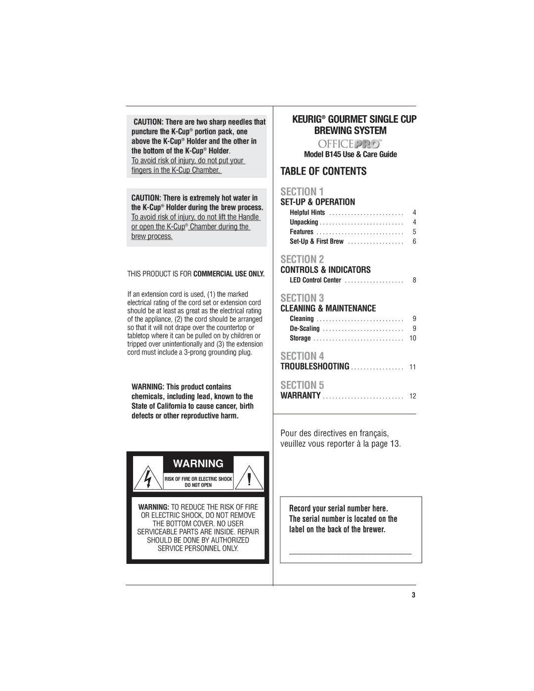 Keurig B145 manual Section 