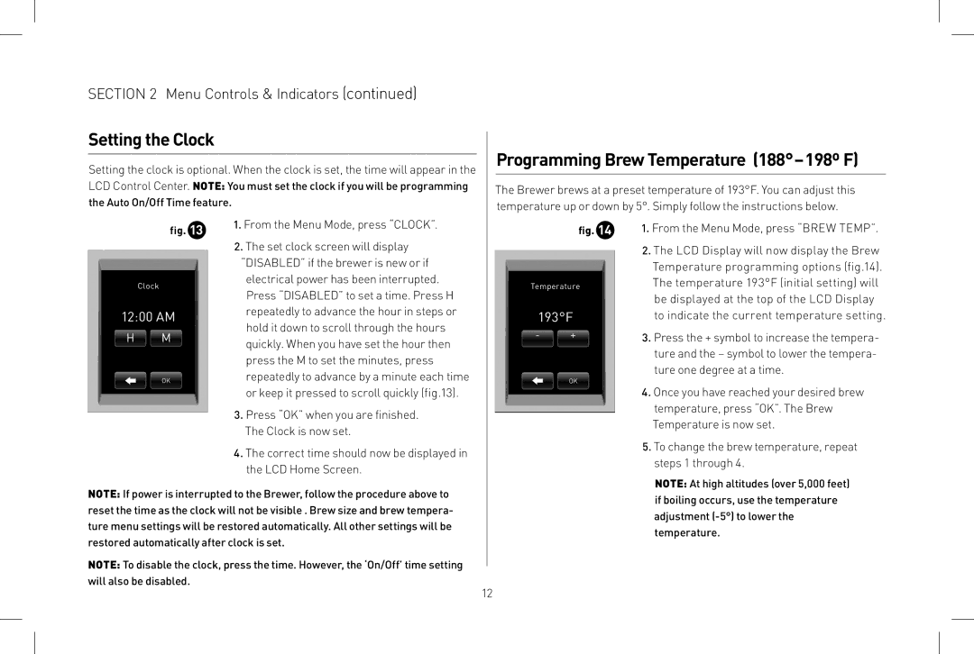 Keurig B150 owner manual Setting the Clock, Programming Brew Temperature 188-198º F 