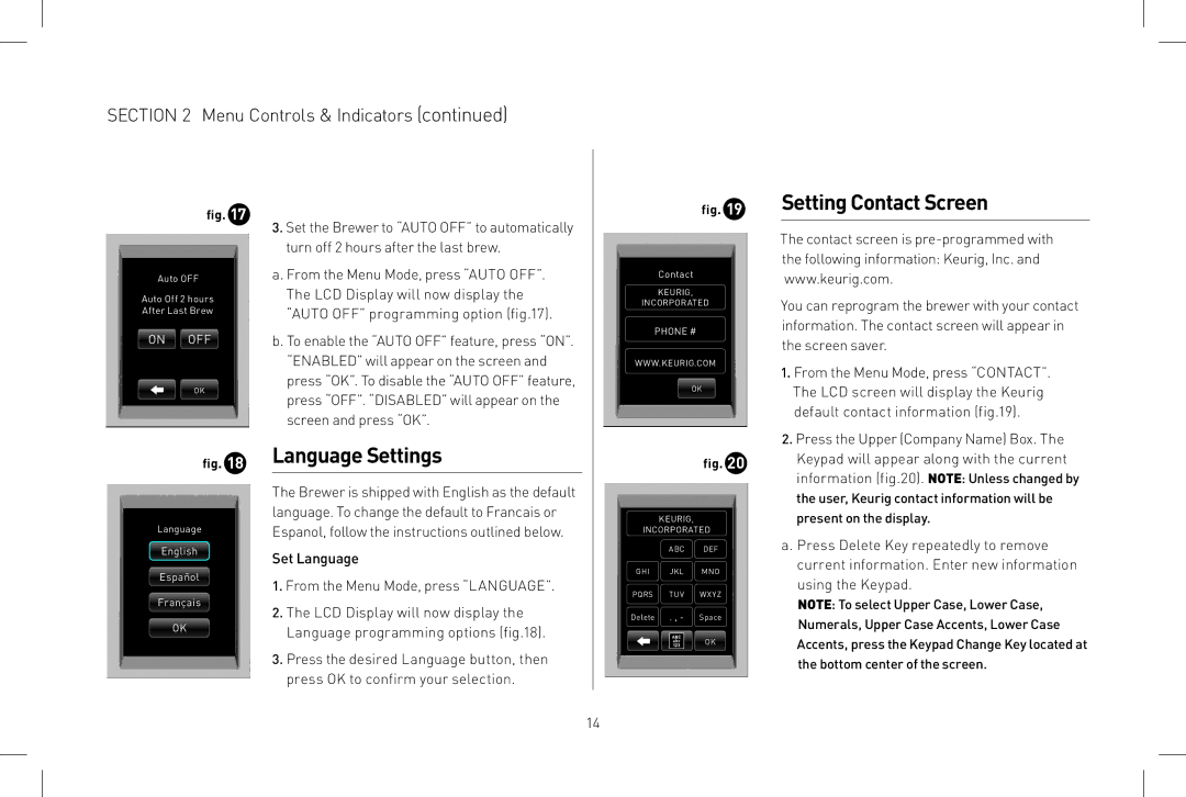 Keurig B150 owner manual Language Settings, Setting Contact Screen 