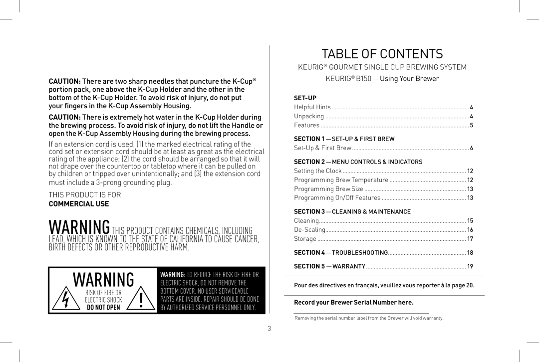 Keurig B150 owner manual Table of Contents 