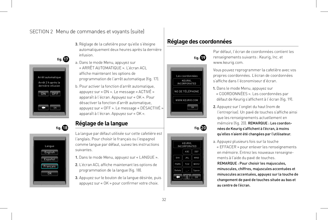 Keurig B150 owner manual Réglage des coordonnées, Réglage de la langue 