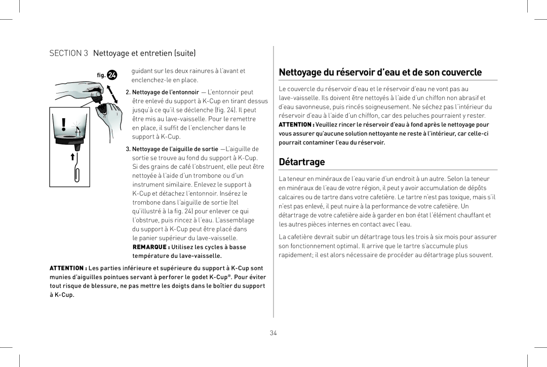 Keurig B150 owner manual Nettoyage du réservoir d’eau et de son couvercle, Détartrage 