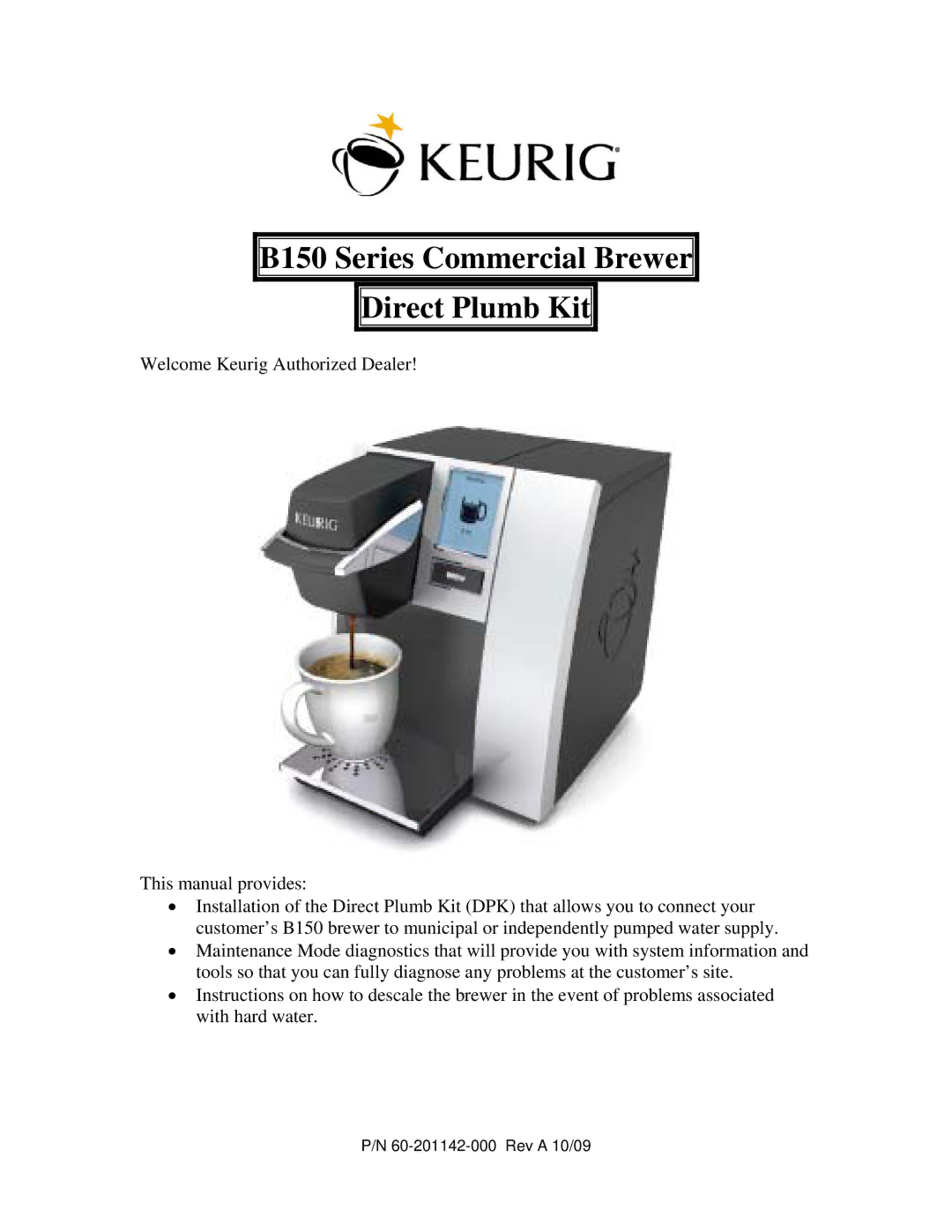 Keurig manual B150 Series Commercial Brewer Direct Plumb Kit 