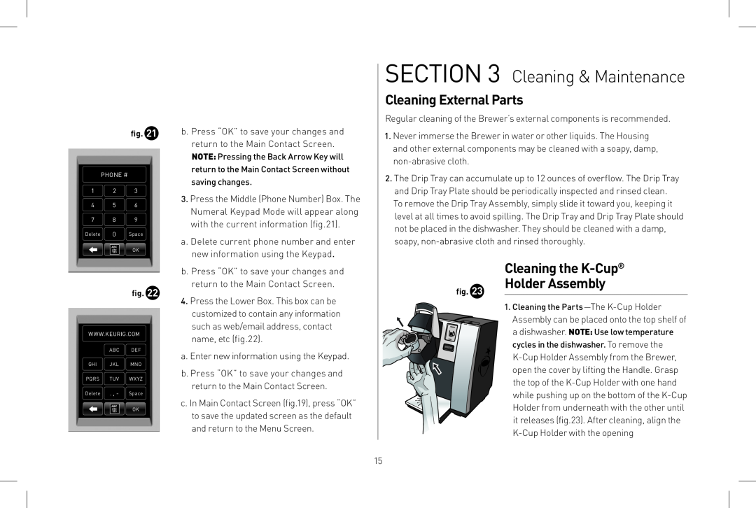 Keurig B150 owner manual Cleaning & Maintenance, Cleaning External Parts, Cleaning the K-Cup Holder Assembly 