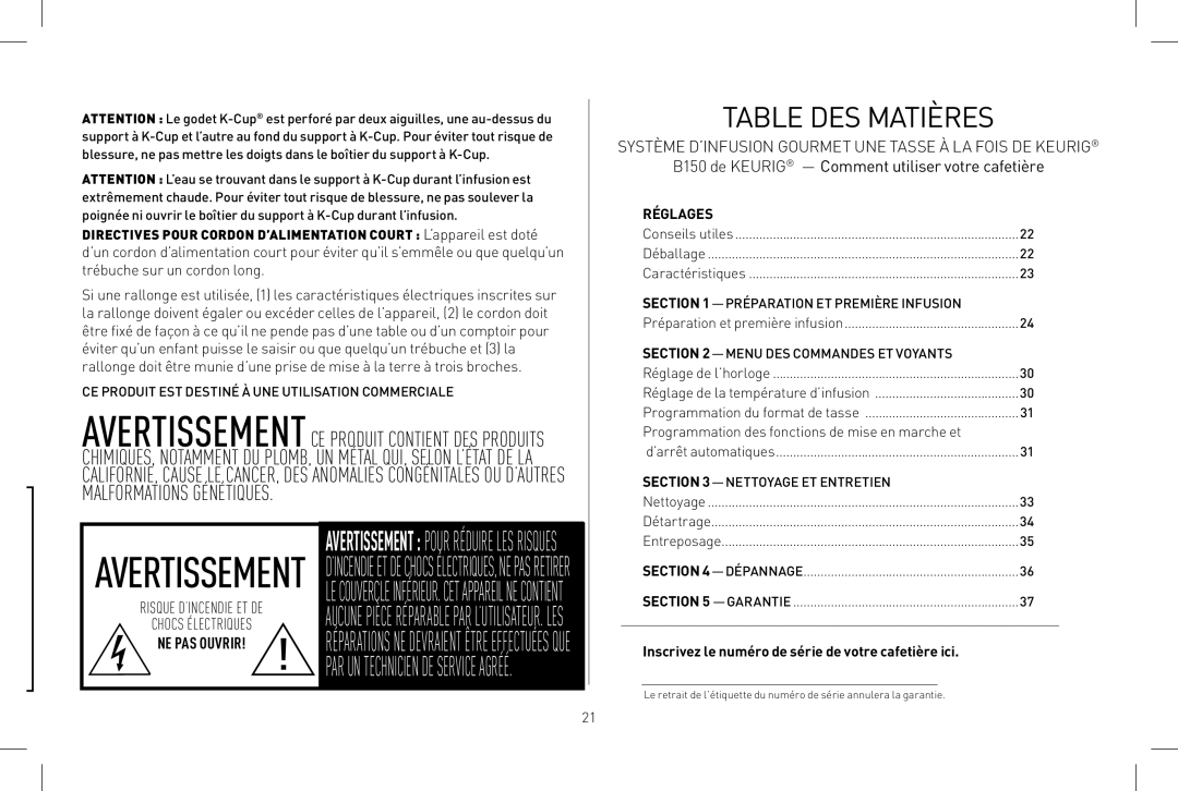 Keurig B150 Table Des Matières, Avertissement, Système D’Infusion Gourmet Une Tasse À La Fois De Keurig, Réglages 