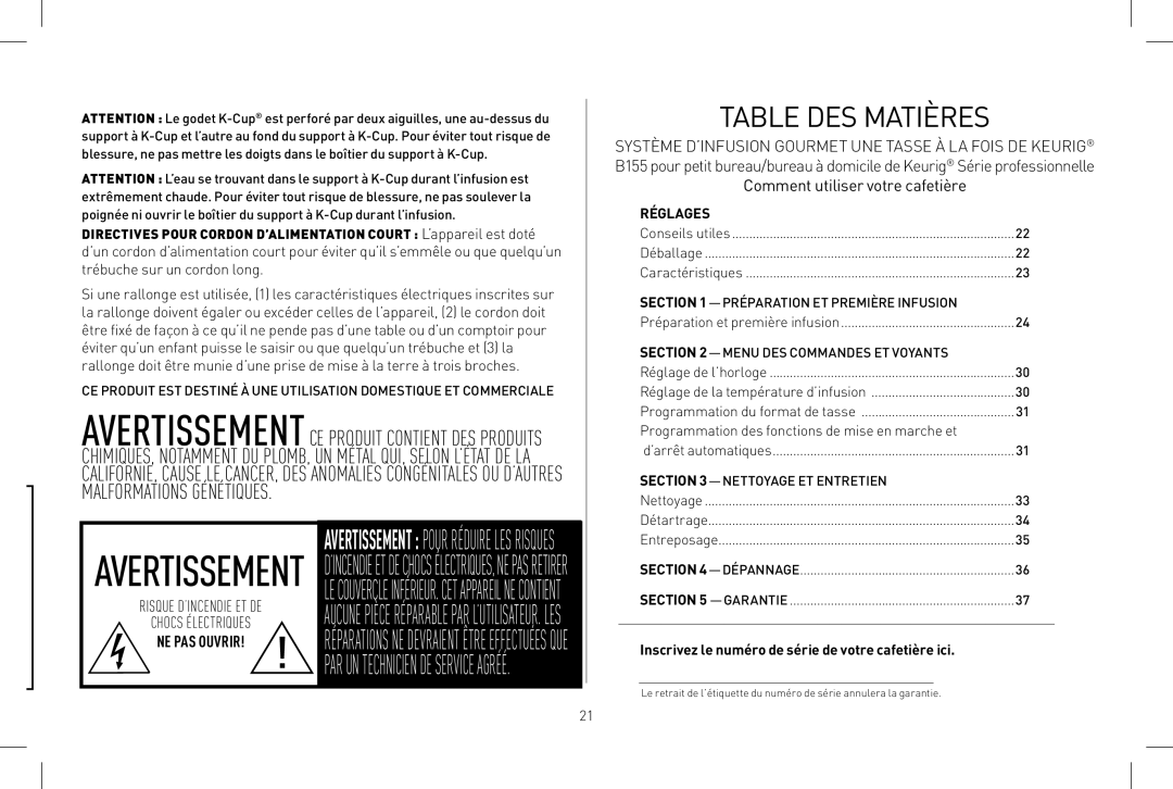 Keurig B155 owner manual Table DES Matières, Programmation des fonctions de mise en marche et 