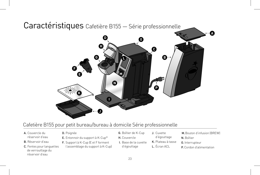 Keurig owner manual Caractéristiques Cafetière B155 Série professionnelle, Couvercle du réservoir d’eau Réservoir d’eau 