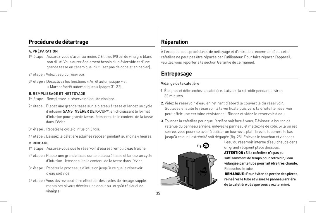 Keurig B155 owner manual Procédure de détartrage, Réparation, Entreposage 