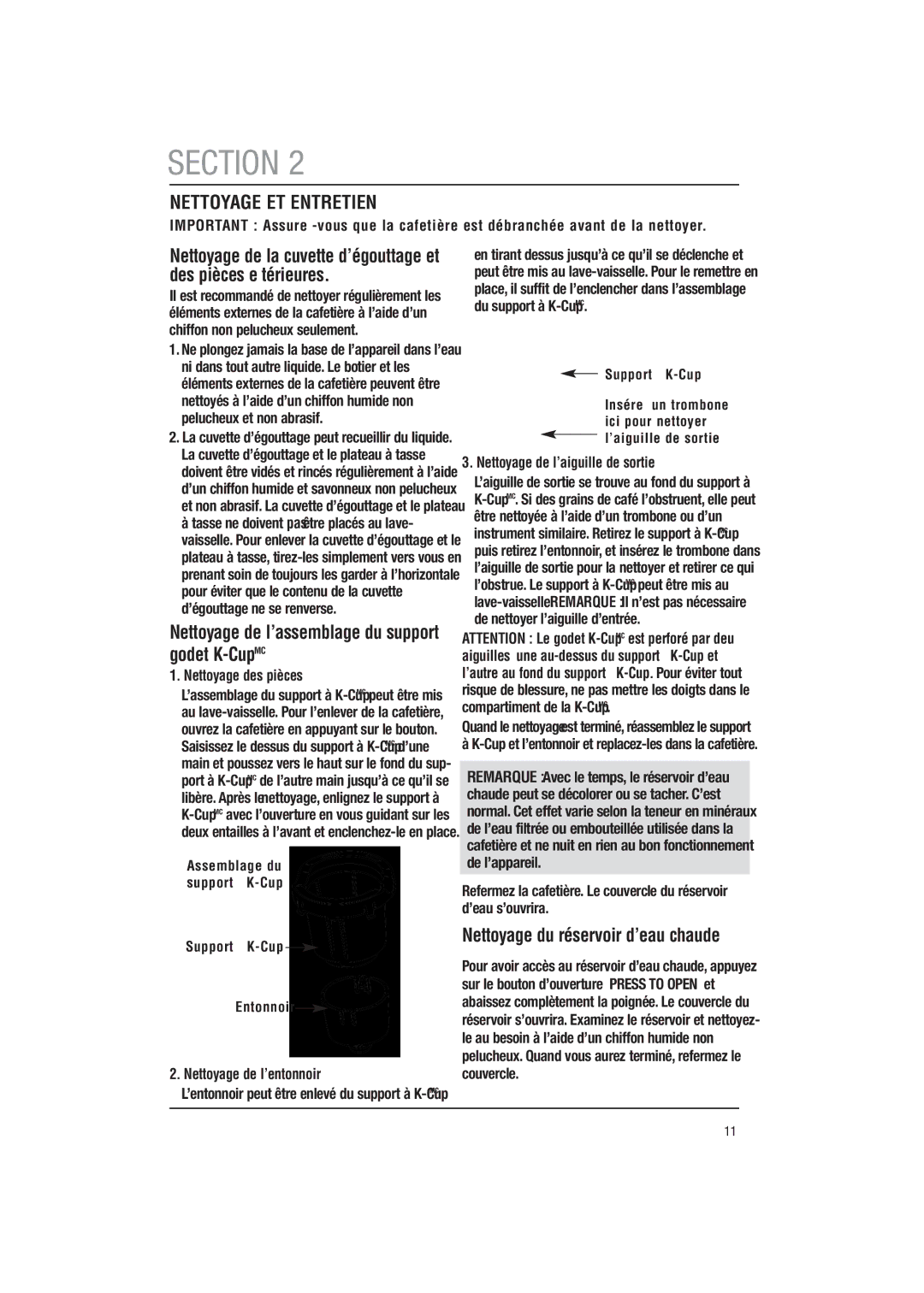 Keurig B30 Nettoyage de l’assemblage du support à godet K-CupMC, Nettoyage du réservoir d’eau chaude, Nettoyage des pièces 