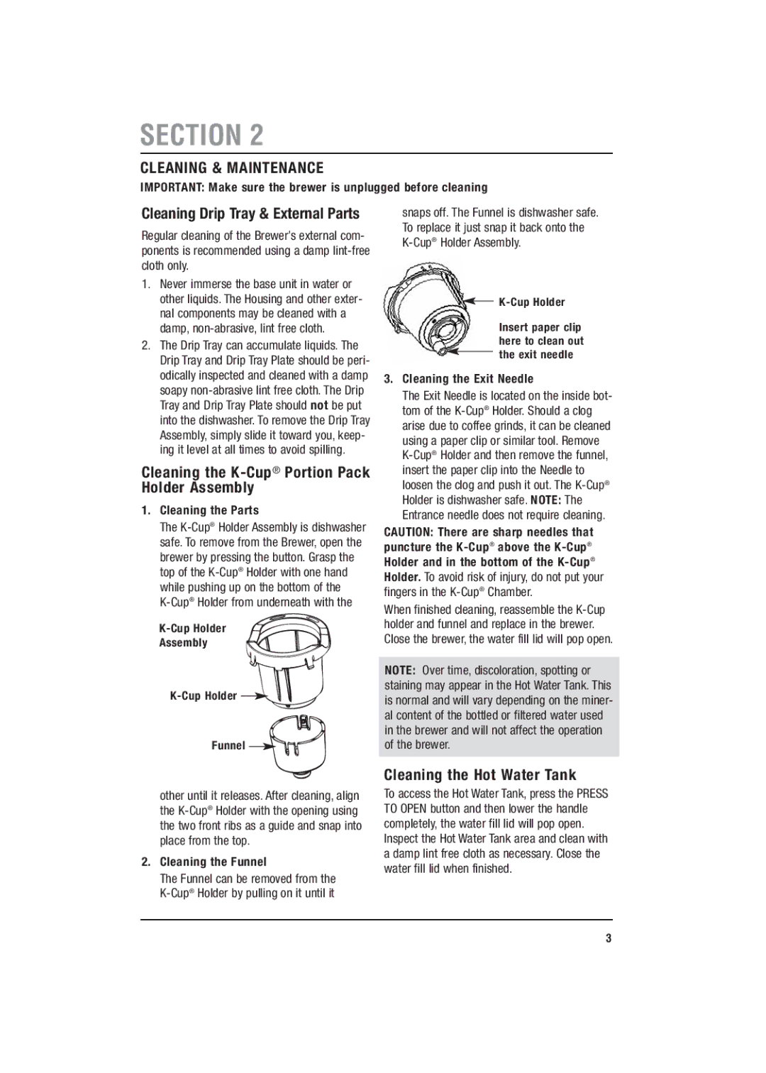 Keurig B30 manual Holder Assembly, Cleaning the Hot Water Tank 