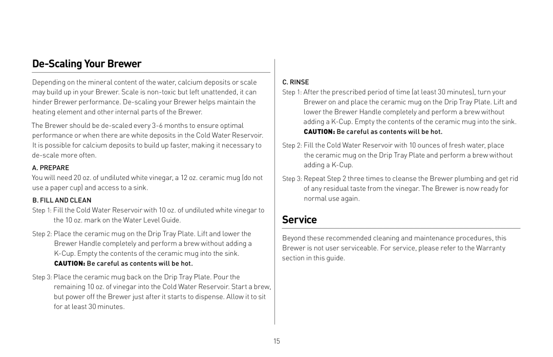 Keurig B31 manual De-Scaling Your Brewer, Service 