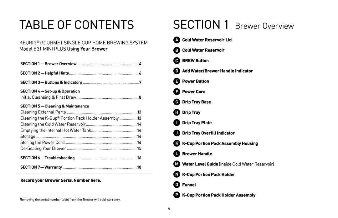Keurig B31 manual Table of Contents, Brewer Overview 
